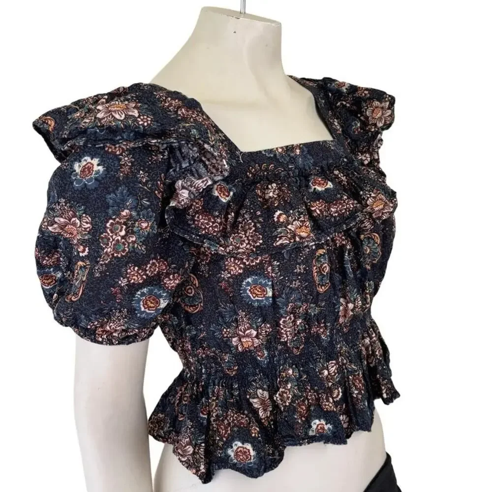 ULLA JOHNSON Warner Floral Ruffle Puff-Sleeve Peplum Blouse in Twilight SZ S